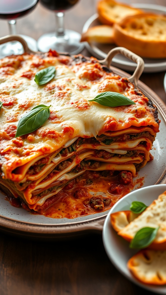 A golden, bubbling lasagna with layers of cheese and meat sauce, garnished with basil, served on a rustic table with garlic bread.